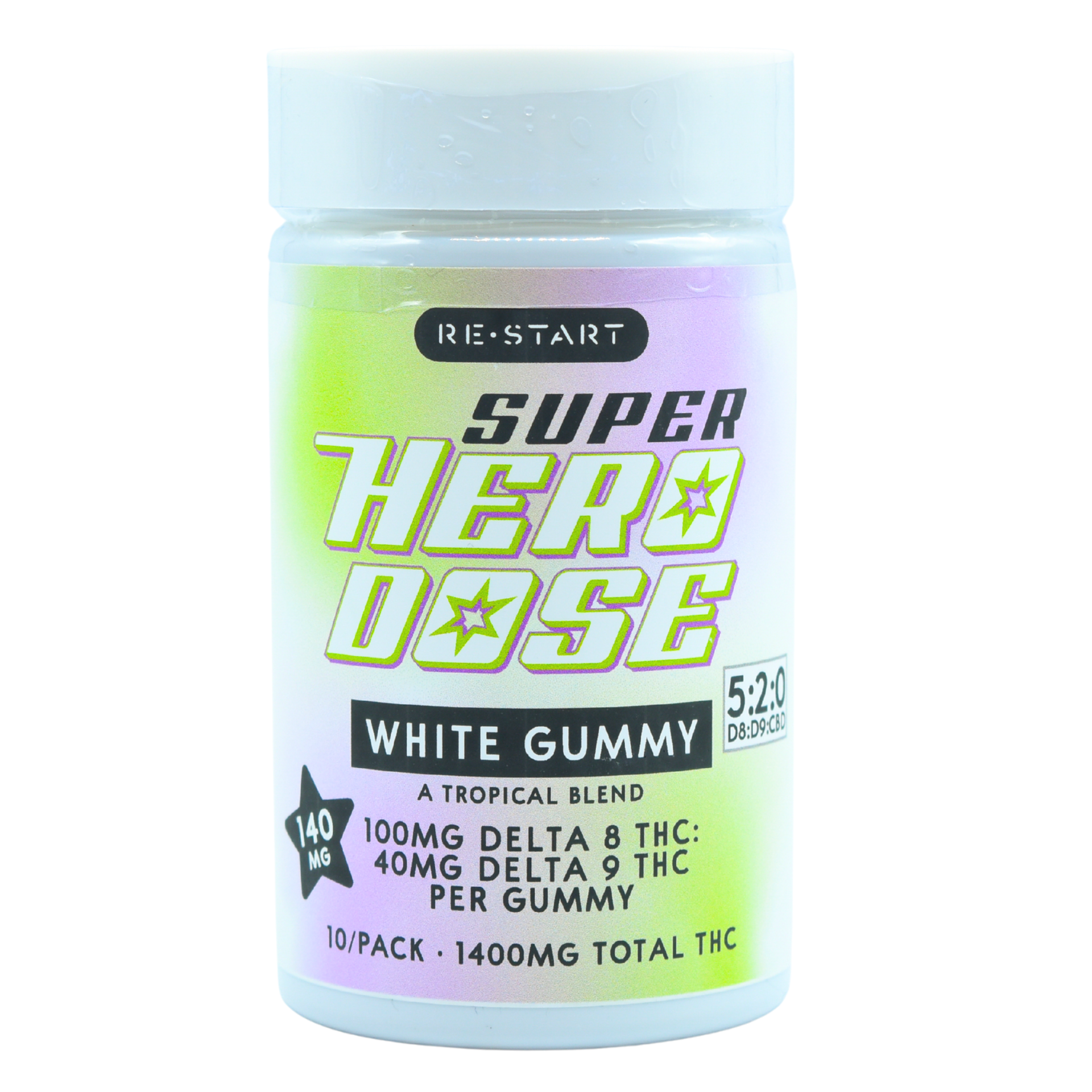 Super Hero Dose Delta 9 THC 40mg + Delta 8 100mg Gummies White / 10-ct